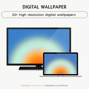 Könnte beinhalten: Ein Produktbild für digitale Hintergrundbilder mit einem Desktop-Monitor und einem Laptop, die beide ein blau-orangenes Farbverlaufsdesign zeigen. Der Text "DIGITAL WALLPAPER" und "20+ hochauflösende digitale Hintergrundbilder" sind oben zu sehen.