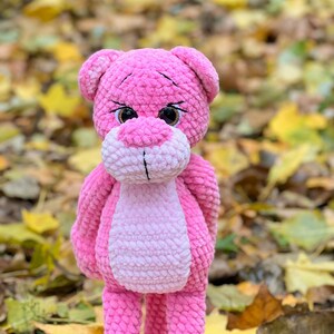 May include: A pink crocheted plush toy shaped like a bear with large brown eyes. The bear is standing on a bed of fallen autumn leaves.