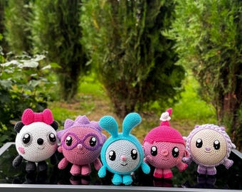 knitted BabyRiki, knitted cartoon characters, Krash Chiko  Wally Rosa panda handmade, BabyRiki handmade, a gift for a boy and a girl