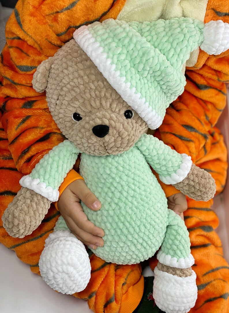 Handmade Crochet Teddy Bear Toy in Green Jumpsuit