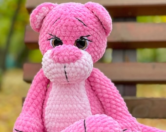 knitted pink panther, pink panther toy, crochet pink panther, pink panther, panther toy, stuffed panther