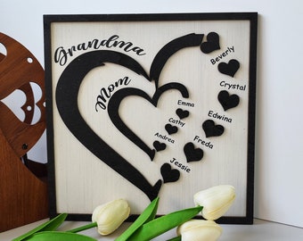 Personalized Family Names Sign, Grandma Gift, Custom Wooden Sign, Birthday Gift, Gift For Her, Heart Sign, Anniversary Gift, Gift for Nana