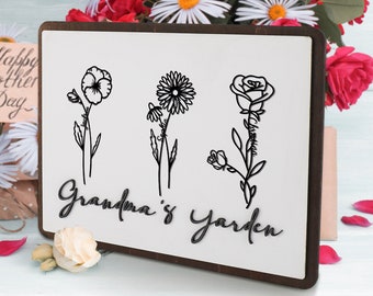 Personalized Grandma's Garden Sign, Custom Birth Month Flower, Gift for Mom, Grandma's Gift, Wooden Plaque, Grandma's Gift, Family Name Sign