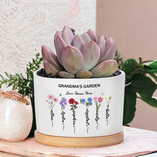 Pot de fleurs personnalisé pour grand-mère, cadeau pour maman, pots de fleurs de naissance personnalisés, cadeaux grand-mère, jardinière d'extérieur, cadeau d'anniversaire, oeuvre d'art pour la famille