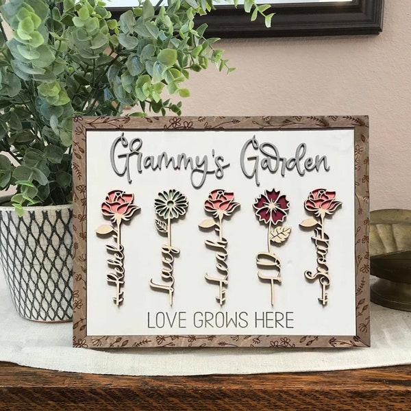 Personalized Grandma's Garden Sign, Gift for Mom, Birth Month Flower Sign, Wooden Plaque, Mother's Day Gift, Love Grows Here, Grandma‘s Gift