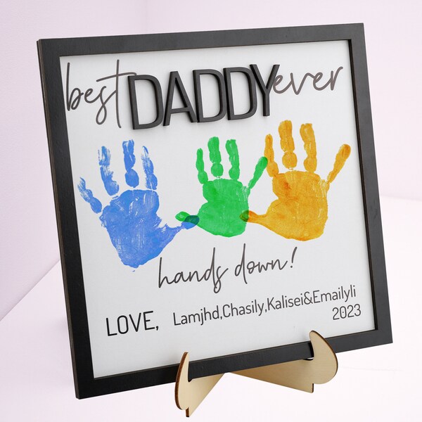 Handprint Art DIY, Father's Day Gift, Best Dad Ever Hands Down, Custom Wooden Sign, Personalized Plaque for Dad,Grandpa, Unique Gifts