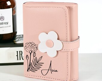 Portefeuille personnalisé de fleurs de naissance, cadeau pour elle, portefeuille femmes, portefeuille en cuir personnalisé, cadeau d’anniversaire, nom gravé, porte-monnaie, cadeau pour maman