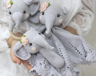 Crochet Elephant Rattle, Handmade Elephant Plushie with Floral Accent, Amigurumi Stuffed Animals, Newborn Baby Gift, 1st Birthday Gift