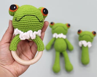 Frog Plush, Handmade Crochet Amigurumi, Sensory Rattle Toys for Newborns, Frog Stuffed Animal, Crochet Frog Toy