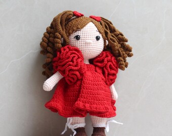 Crochet Doll with Rose Ruffle Sleeves and Curly Pigtails, Removable Dress, Birthday Gift for Kids