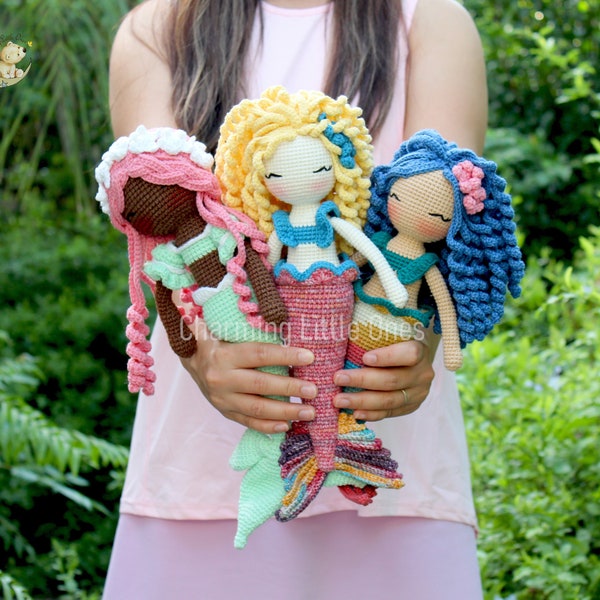 Lalka Syrenka, ręcznie robiona na szydełku pluszowa lalka, syrenka wypchana amigurumi z kwiatowymi akcentami z włóczki, prezent urodzinowy dla syreny