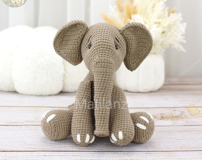Crochet Elephant, Amigurumi Elephant Plush, Handmade Elephant Stuffed Animal with Embroidered Details, Safari Baby Shower Gift