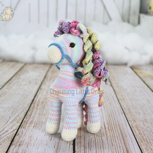May include: A crocheted rainbow striped horse with a blue halter and a long, colorful, crocheted mane and tail.