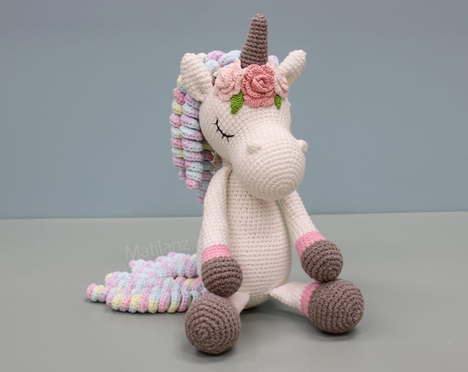 Crochet Unicorn Plush, Large Amigurumi Stuffed Animal with Floral Horn, First Birthday Gift