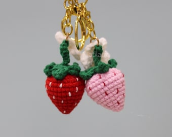 Strawberry Keychain, Handmade Crochet Amigurumi Bag Charm, Set of 2