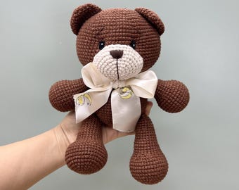 Crochet Teddy Bear Plush with Satin Ribbon Bow, Classic Smooth Yarn, Nursery Decor