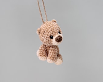 Crochet Teddy Bear Ornament, Velvet Chenille Mini Plush with Jute Hanger, Bear Lover Gift