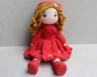 Crochet Christmas Doll, Shelf Sitter Doll, 14" Handmade Doll in Red Dress and Santa Hat, Holiday Mantel Decor, Christmas Gift, Soft Doll