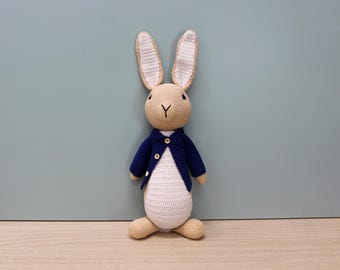 Crochet Rabbit Plush with Removable Button Jacket, Large Bunny with Tall Upright Ears, Nursery Decor