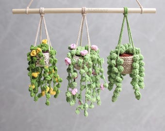 Crochet Car Plant Hanger, Car Charm, Rearview Mirror Accessory, Mini Boho Hanging Basket, Crochet String of Pearls & Floral Plant Decor