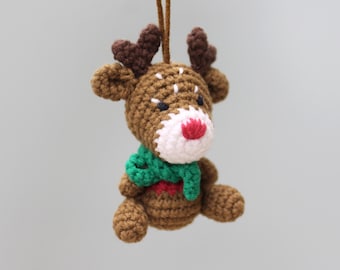 Crochet Reindeer Ornament, Tiny Deer with Scarf for Mini Christmas Trees, Stocking Stuffer
