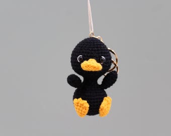 Crochet Black Duck Keychain, Mini Duck Plush Bag Charm, Handmade Amigurumi Duckling Backpack Clip, Duck Lover Gift, Car Hanger