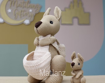 Crochet Kangaroo Plush Set, Mother and Joey, Tan with Blush Pouch, Handmade Gift
