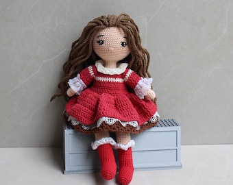 Crochet Christmas Doll, Amigurumi Holiday Toy, Handmade Girl Doll with Removable Dress, Cute Stocking Stuffer Gift for Kids, 13''