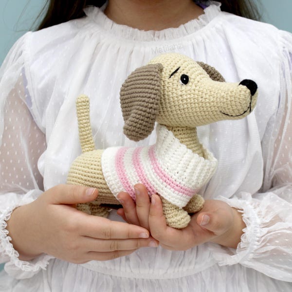 Weiner Dog Crochet Plush, Handmade Amigurumi Dog with Ribbed Turtleneck Sweater, Dachshund Gift, Friendship Gift