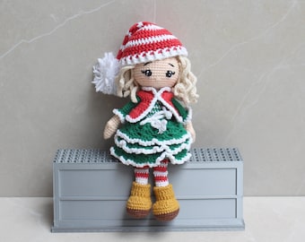 Christmas Crochet Doll, Festive Holiday Amigurumi, Sitting Doll with Removable Clothes, Cute Handmade Winter Gift for Kids