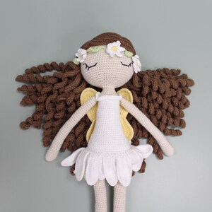 Crochet Fairy Doll with Daisy Flower Crown and Wings, Sleeping Eyes, Fairy Nursery Decor