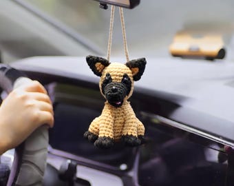 Crochet Belgian Malinois Car Charm, Handmade Shepherd Puppy Rearview Mirror Hanger, Dog Lover Gift, Amigurumi Car Accessory