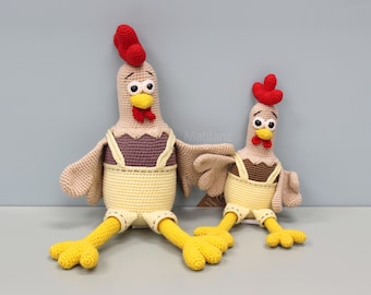 Crochet Rooster Plush with Overalls and Long Dangly Legs, Two Sizes, Farm Nursery Decor