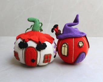 Pumpkin Plush, Handmade Amigurumi Stuffed Toy with Witch Hat, Shelf Sitter, Halloween Decor, Trick or Treat Gift