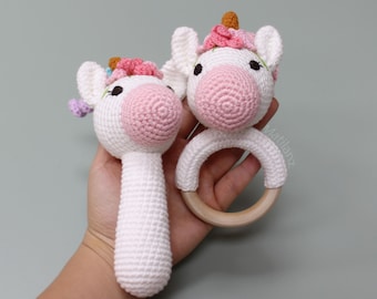 Unicorn Plush Rattle Toys, Amigurumi Unicorn Plushie, Stuffed Animal for Baby Shower, Sensory Toys, Gifts for Baby, Newborn Gifts