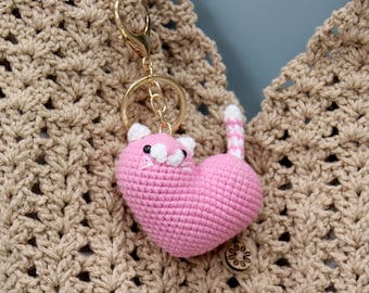 Cat Keychain, Backpack Charm, Crochet Heart Charm, Handmade Amigurumi Cat, Cat Lover Gifts