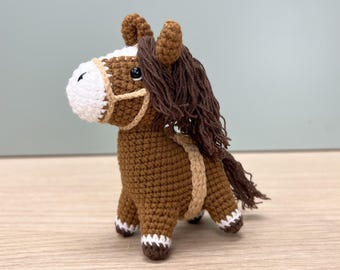 Crochet Horse Plush, Palm-Sized Mini with Halter and Yarn Mane, Horse Lover Gift