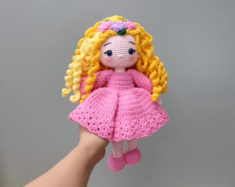 Crochet Doll with Spiral Curls and Rose Crown, Choice of Hair and Dress, Gift for Kids