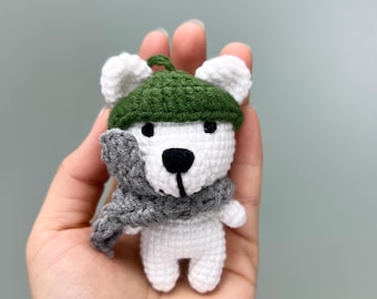 Crochet Polar Bear Ornament, Palm-Sized Plush with Removable Beanie and Scarf, Stocking Stuffer