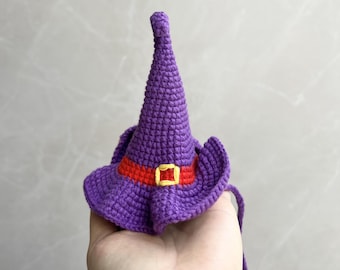 Crochet Witch Hat for Stuffed Animals & Dolls, Mini Purple Halloween Hat with Ties, Handmade Plushie Accessory, Spooky Home Decor