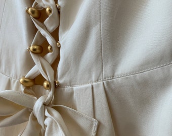 Vintage 1980s Valentino Silk Off White Ecru Lace Up Front Cocktail Pencil Midi Dress