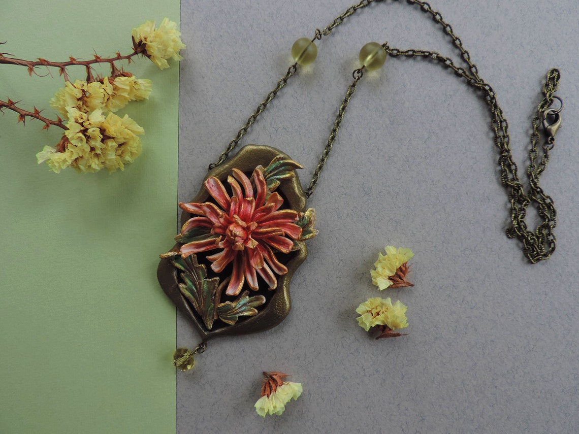 Japan chrysanthemum necklace Dahlia polymer clay necklace Etsy