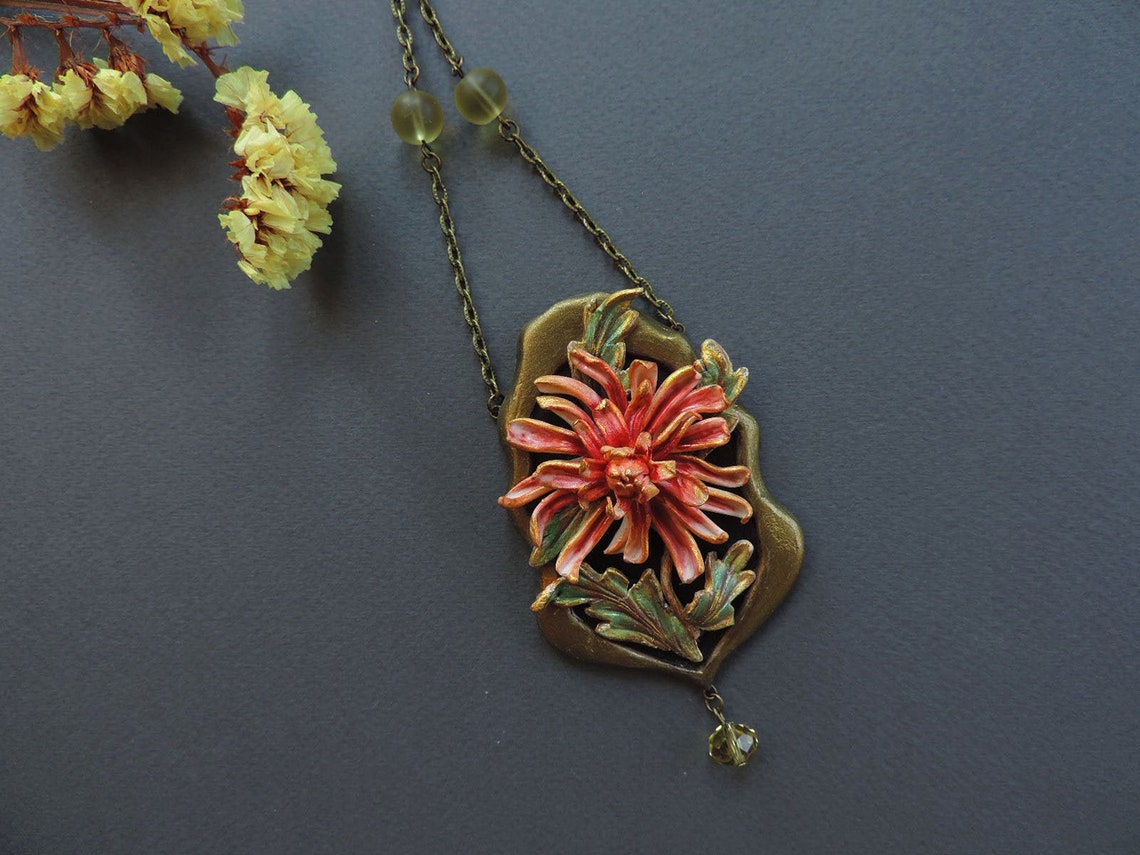 Japan chrysanthemum necklace Dahlia polymer clay necklace Etsy