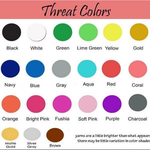 May include: A chart of thread colours with the names of each colour listed below the colour swatch. The colours include black, white, green, lime green, yellow, gold, navy, blue, grey, aqua, red, coral, orange, bright pink, fuchsia, soft pink, purple, charcoal, matte gold, silver grey, and brown.