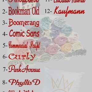 May include: A list of 12 different fonts, numbered 1 through 12, with the font name written in the corresponding font. The fonts are displayed on a white background with a variety of colorful towels and a white pillow with a gold crown design.