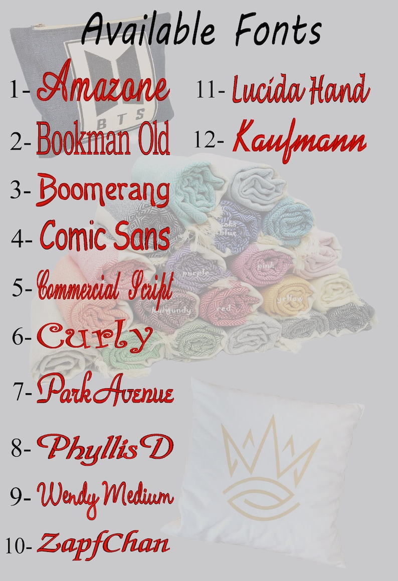 May include: A list of 12 different fonts, numbered 1 through 12, with the font name written in the corresponding font. The fonts are displayed on a white background with a variety of colorful towels and a white pillow with a gold crown design.