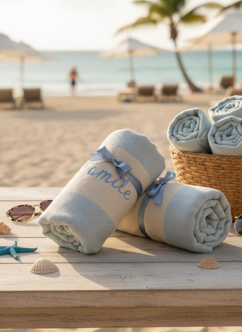 May include: Rolled beach towels with light blue and cream stripes, tied with blue ribbons. One towel has the name "amile" embroidered on it. A basket of rolled towels sits nearby on a wooden table, with sunglasses and seashells.