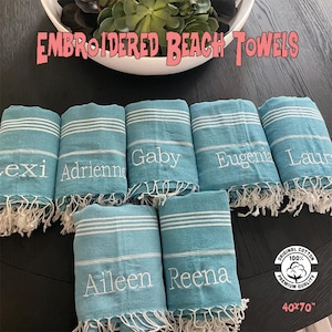 EMBROIDERY Turkish towel, Bachelorette favor, Beach Towel, Bridesmaid gifts, Personalized gift, gift for her, Beach blanket, Girls trip gift