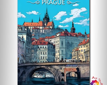 Czech Poster VINTAGE Print, Prague Print Birthday Present, Gothic Architecture, Wedding GIFT Travel Print, River Vltava, Large Art Print