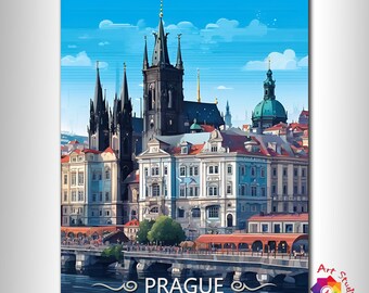 Birthday Present, VINTAGE Poster, Gothic Architecture Prague Print, Wedding GIFT Travel Print, River Vltava Czech Poster, Large Art Print